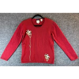 Cousin Johnny Womens Large Red Embroidered Cotton Cardigan Sweater Button Front